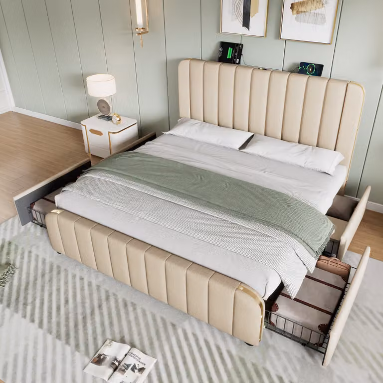 MODFU Letto imbottito Funzionale 180 x 200 cm con schienale dotato di funzione di ricarica USB Type-C, Letto matrimoniale con contenitore e 4 cassetti, Tessuto di lino beige (senza materasso)