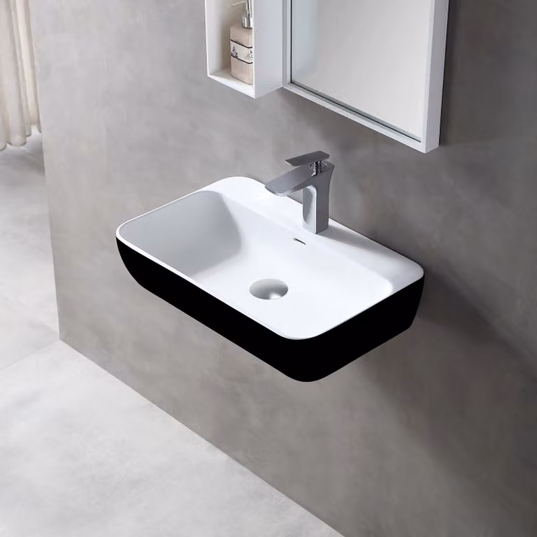 Lavabo a parete Lavabo da appoggio TWG201 - Fusione minerale - Nero / Bianco opaco - 60 x 40 x 14 cm