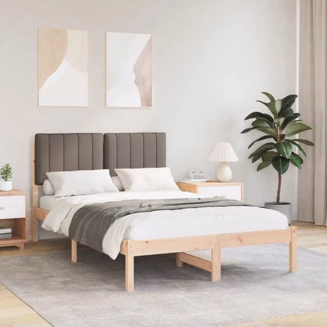 Letto moderno vidaXL in legno di pino con testiera rivestita in tessuto, colori beige, marrone e grigio, L/P/H: 200 x 120 x 84,5 cm – 1