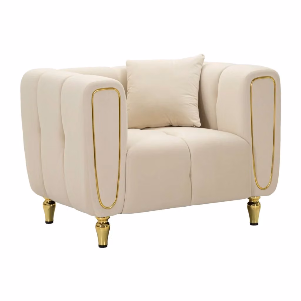 Poltrona Madama DMORA con braccioli in tessuto beige e oro, L 81 cm x P 97 cm x H 71 cm – 2