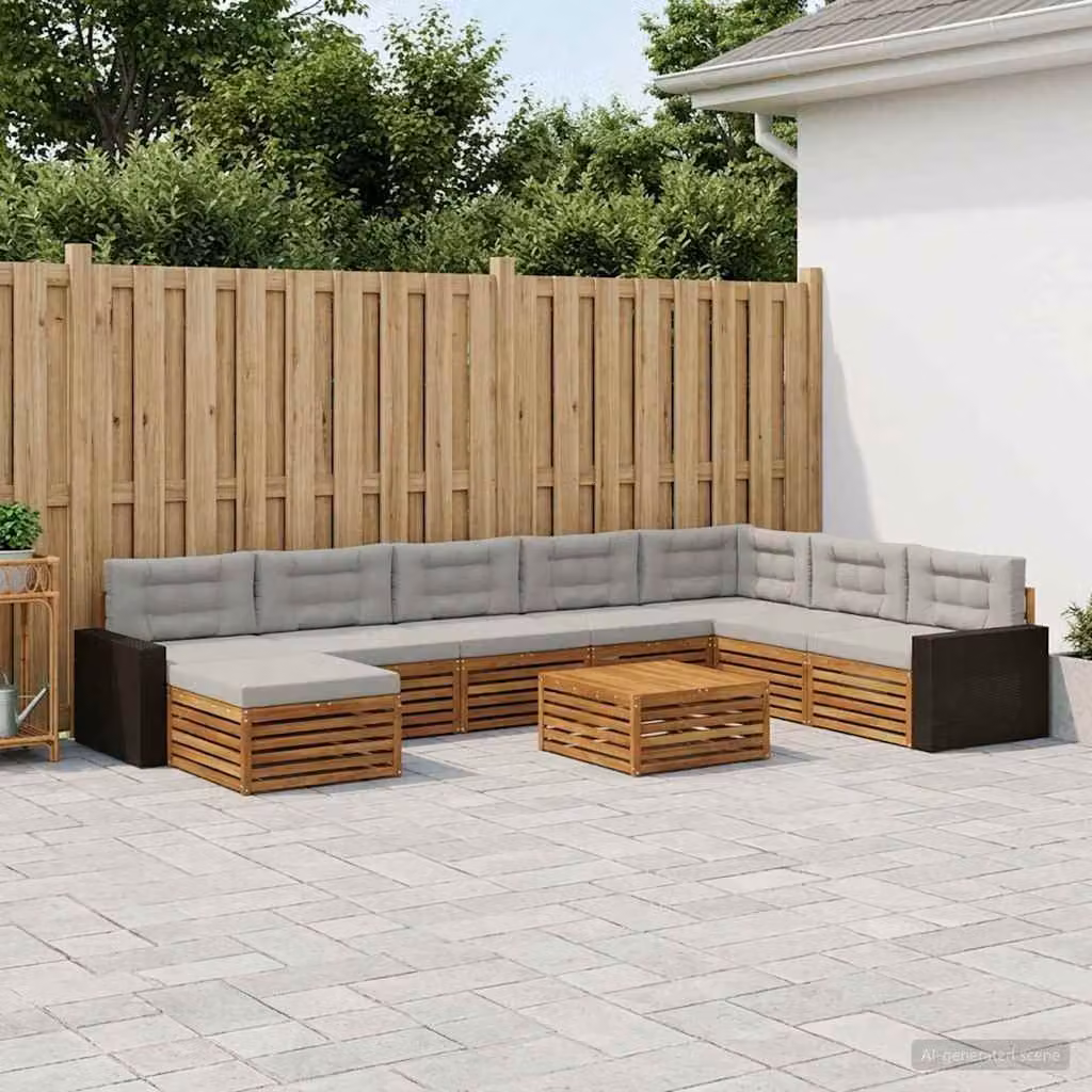 vidaXL Set di divani da esterno a L in legno di acacia con 9 pezzi, colore marrone e grigio