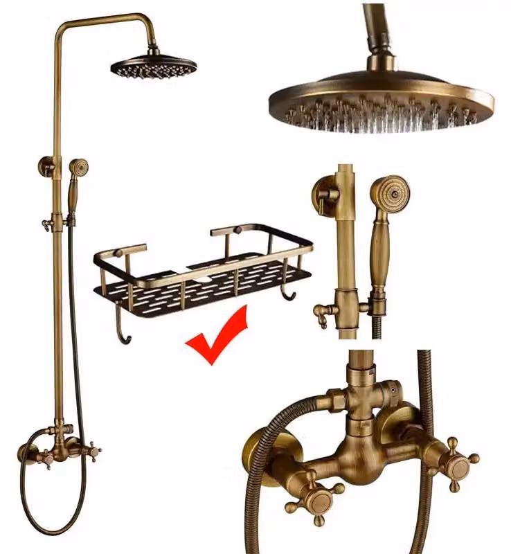 Set di rubinetti per doccia, ottone antico, doppie manopole, ottone antico A02