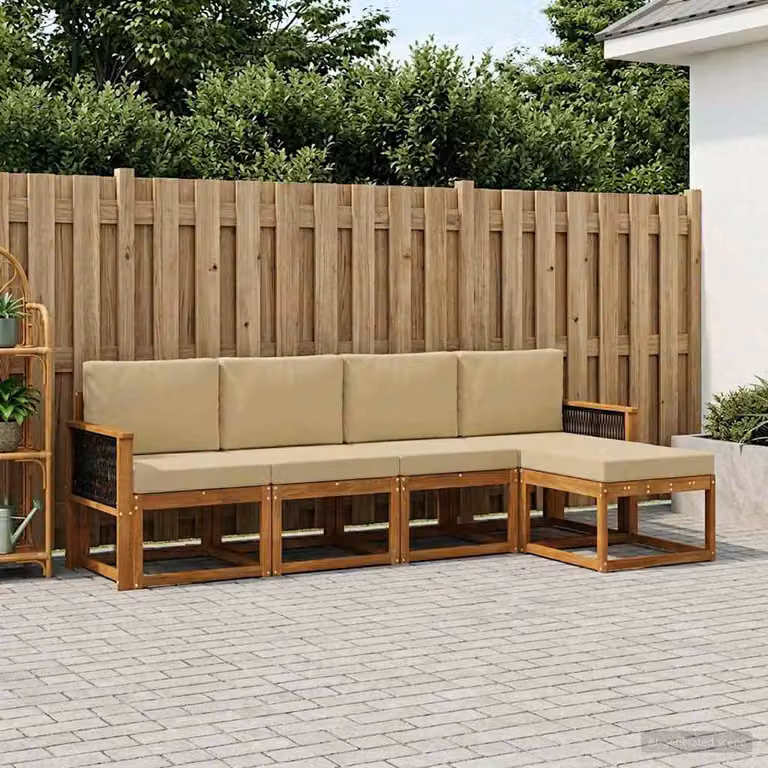 vidaXL Set di divani da esterno a L composto da 5 pezzi in legno di acacia con cuscini beige e marrone