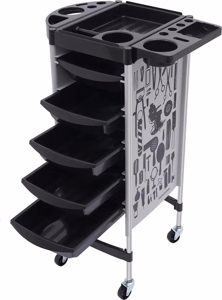 Carrello da parrucchiere - Carrello da parrucchiere - 5 cassetti - 6 ripiani - 4 rotelle - PP e acciaio inossidabile - Modello da appoggio - Nero o grigio-bianco