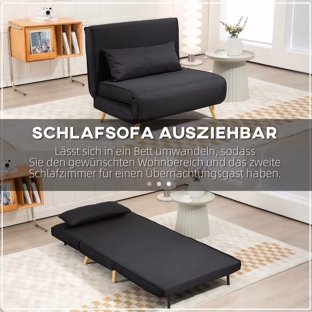 Divano letto REDOM nero in tessuto con schienale regolabile e struttura in legno di abete, dimensioni 90 x 190 cm – 2