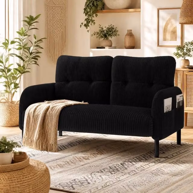 Divano a 2 posti MODFU in tessuto corduroy nero con gambe in metallo L: 120 cm, P: 75 cm, H: 79 cm – 1