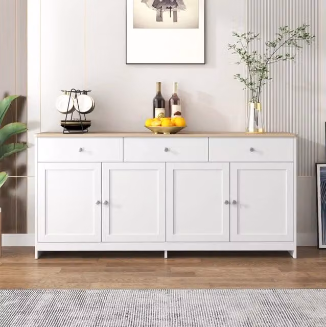 Credenza 160x37x75 cm bianca e color legno in MDF, 4 ante e 3 cassetti