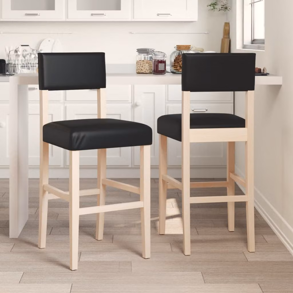Set di 2 sedie da bar vidaXL in legno di Hevea massello e similpelle nera per cucina e soggiorno