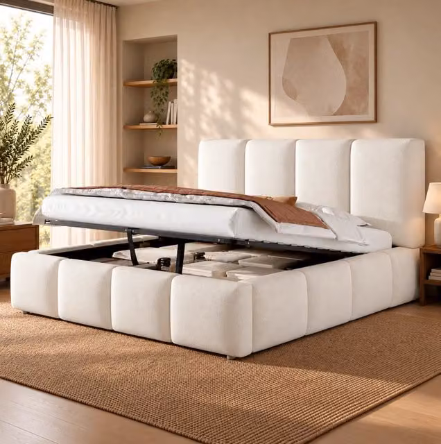 Letto matrimoniale 160x200 cm con contenitore idraulico e rete; bouclé bianco