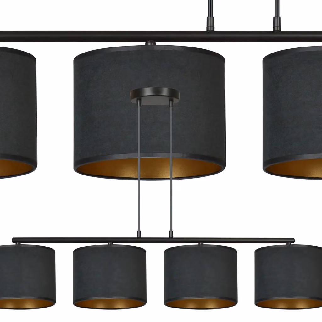 Lampadario a sospensione moderno Luceart-Classic Vinayaka con 4 luci in metallo nero e oro e paralumi in tessuto nero con altezza regolabile – 2