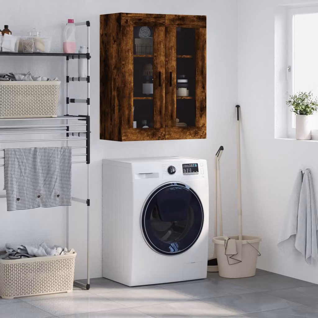 Mobile a parete vidaXL in rovere fumo con ante in vetro e finitura opaca L: 69,5 cm, P: 34 cm, H: 90 cm