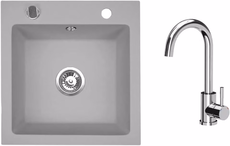VBChome Lavello in granito 50 x 48 cm Grigio con rubinetteria Vasca singola Lavello da incasso Maculato Lavello di facile manutenzione con sifone Ideale per cucine piccole