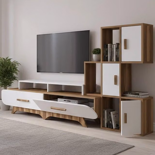 Parete attrezzata Lupo DMORA per soggiorno con mobile porta TV, composizione moderna in marrone e bianco, L: 205 cm, H: 37 cm, P: 50 cm