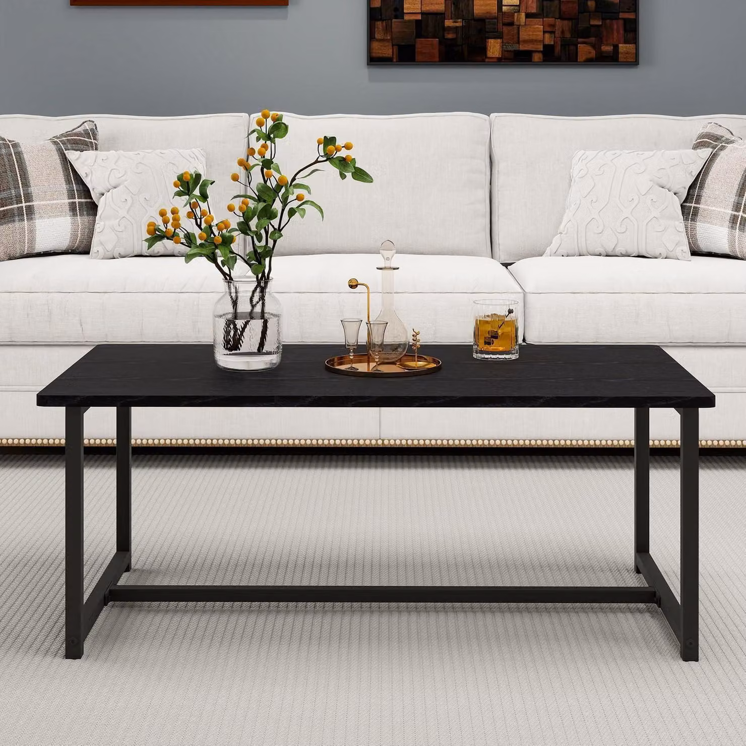 Tavolino rettangolare in metallo, nero, dimensioni 90x45x42 cm