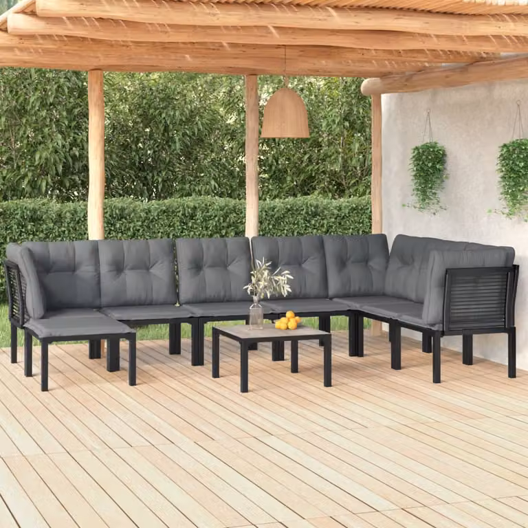 Set Salotto da Giardino vidaXL 9 pz in Polyrattan con Cuscini Nero e Grigio