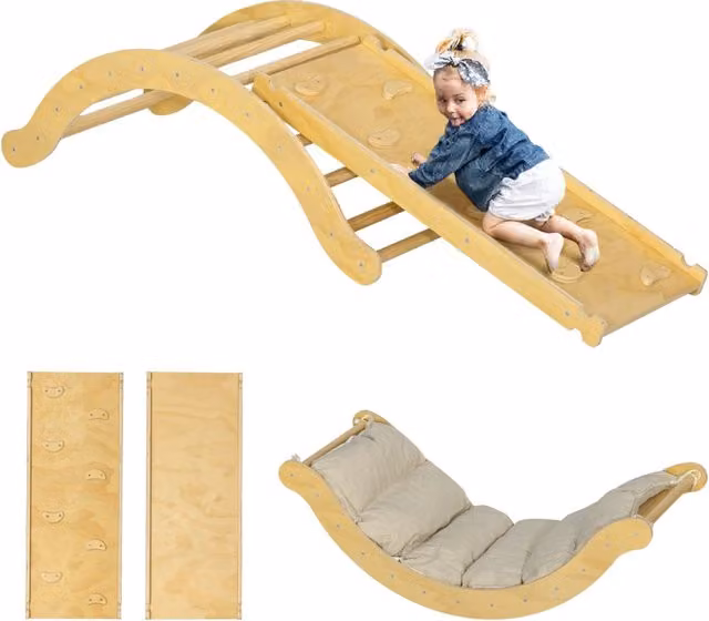 Set da arrampicata 4 in 1 XYLO per bambini in legno naturale con ponte, altalena, scivolo e cuscino, colore beige e marrone