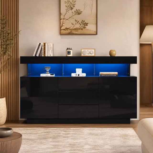 Sideboard nero lucido 140x35x80 cm con LED; 3 cassetti; 2 armadi; truciolare e acrilico