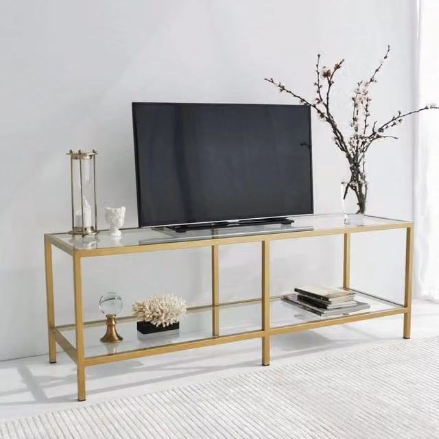 Mobile porta TV Donata DMORA, Credenza da soggiorno moderna in oro con dettagli in vetro e metallo, L: 130 cm, P: 40 cm, H: 45 cm – 1