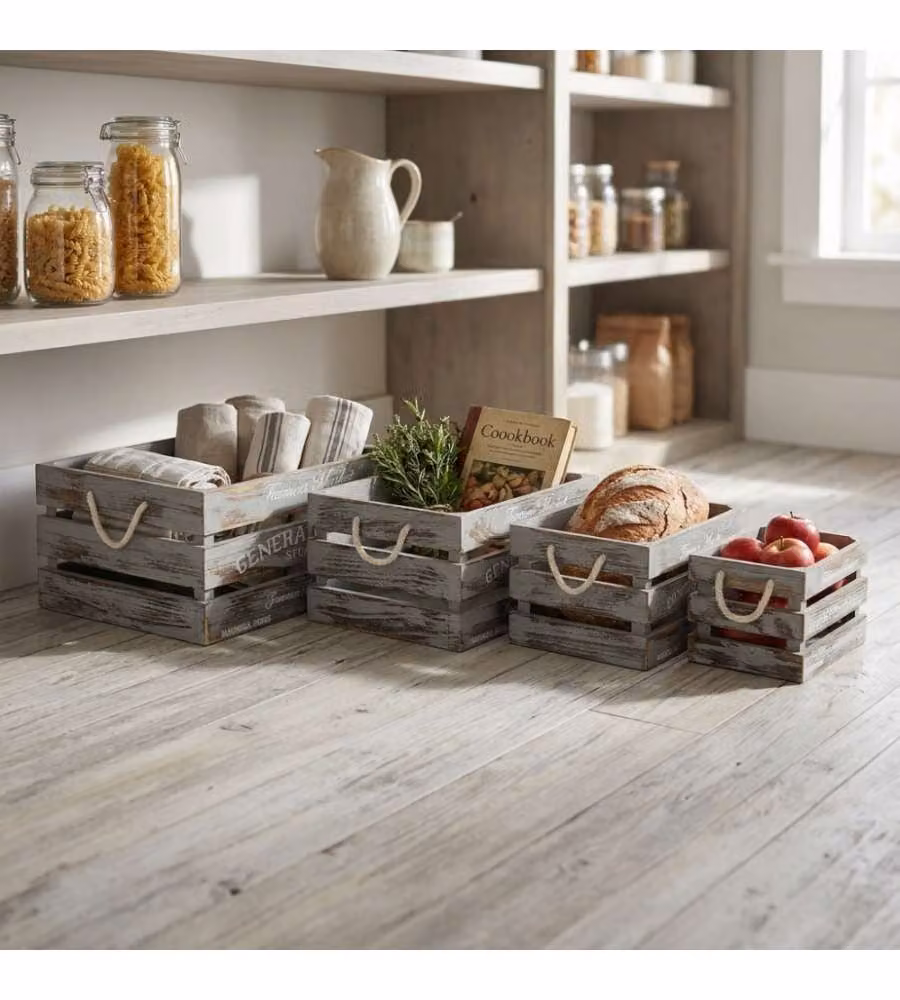 Cosma Set 4 Cassette Legno Paulownia Grigio - Contenitori Stile Industrial