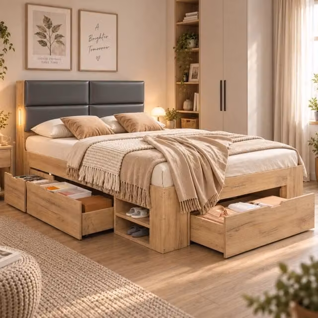 Letto contenitore 140x200 con luce USB USB-C e testiera imbottita in PU MDF naturale