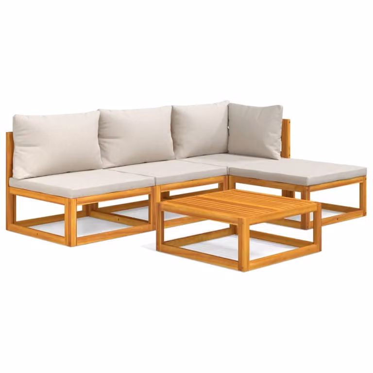Set Salotto Giardino 5pz Cuscini Grigio Chiaro Legno Massello