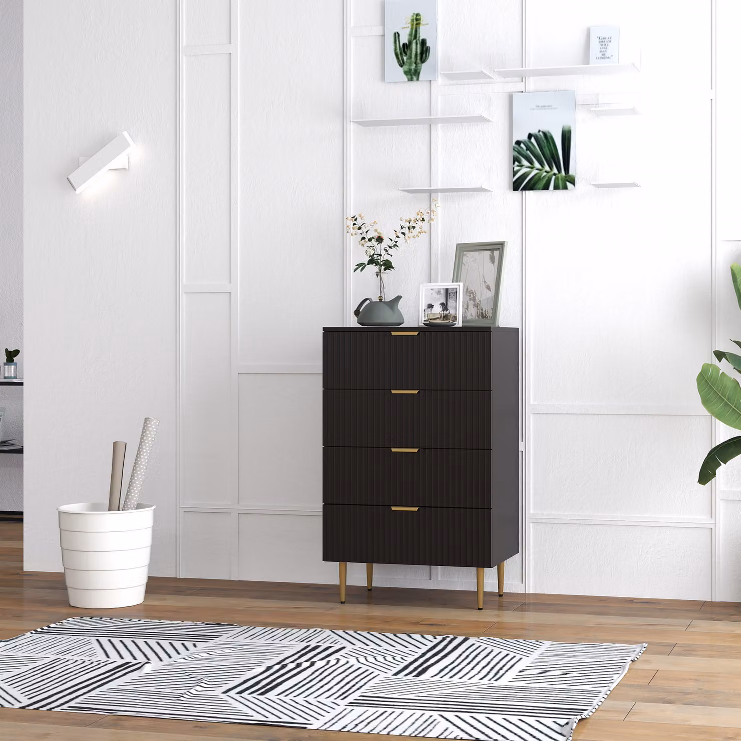 Cassettiera Moderna HOMCOM con 4 Cassetti, Comò Nero con Maniglie Dorate e Dispositivo Antiribaltamento, L: 60 cm, P: 40 cm, H: 96 cm – 2