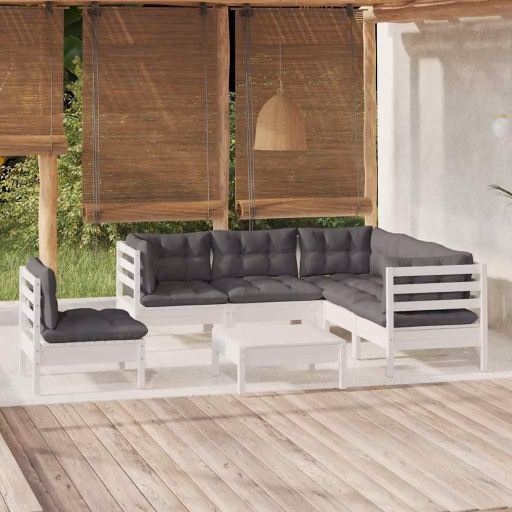 vidaXL Set Divani da Giardino a L 6 pz in Legno di Pino con Cuscini Bianchi e Antracite