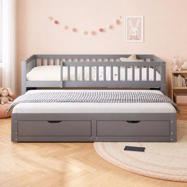 Divano letto multifunzionale 90x200 cm in legno grigio con letto estraibile; 2 cassetti e sbarre di sicurezza