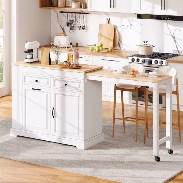 Carrello da cucina con piano estraibile, 2 cassetti, vano pattumiera e ripiani, bianco, 112-180 × 45 × 92 cm