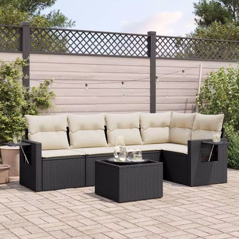 Set Divano da Giardino vidaXL 6 pz in Polyrattan Nero con Cuscini e Tavolino da Esterno a Forma di L
