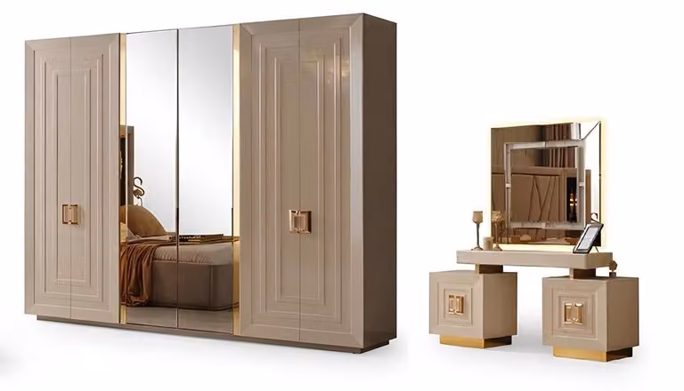 Set da camera da letto: armadio con specchio, beige, stile moderno, cornice in legno