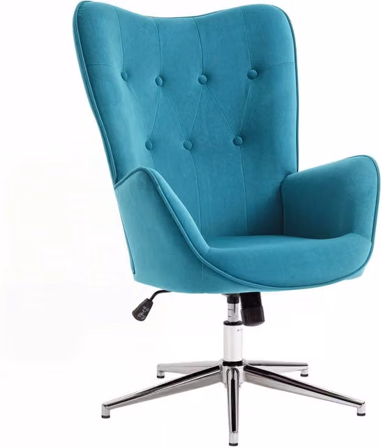 Poltrona girevole moderna in velluto blu con braccioli e struttura in legno e metallo per ufficio o soggiorno, L: 120 cm, P: 82 cm, H: 111,5 cm
