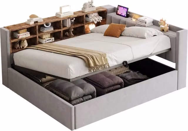 Letto matrimoniale 140x200 cm con contenitore idraulico; USB-C e luce notturna; velluto grigio chiaro