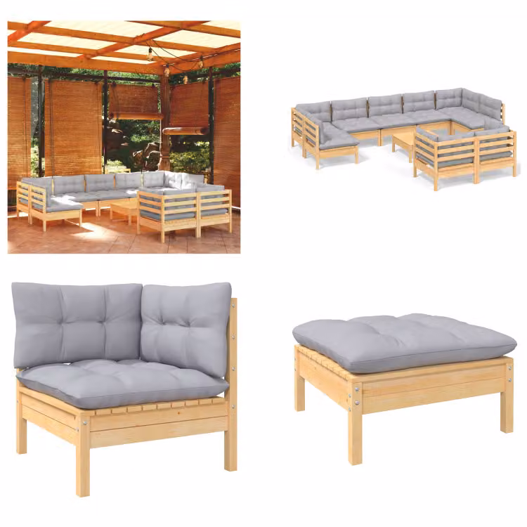 vidaXL Set salotto da giardino 10 pezzi con cuscini grigi in pino massiccio - Set salotto da giardino - Set salotto da giardino - Set mobili da giardino - Set mobili da giardino