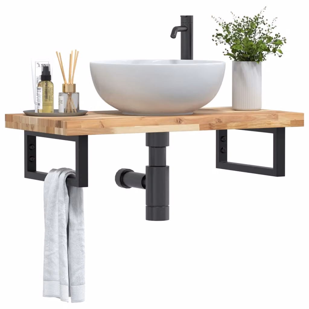 vidaXL Ripiano a Parete per Lavabo in Acciaio e Legno di Acacia, Nero e Marrone, L: 40 cm, P: 19 cm, H: 40 cm