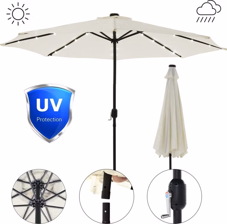 Ombrellone semaforico Ø3 m beige con LED 360° ruotabile a manovella e base a croce