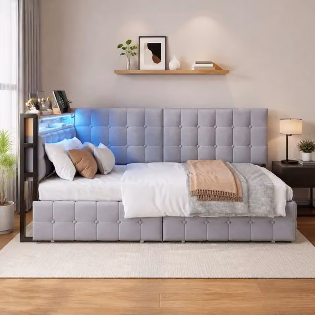 Divano letto imbottito 90x200 con 2 cassetti; LED; USB e Type-C; grigio