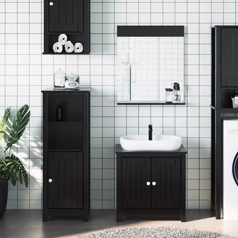 Set di mobili da bagno vidaXL BERG 3 pezzi in legno di pino nero stile rustico con mobile lavabo, mobileto laterale e armadietto con specchio