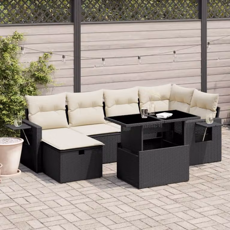 Set di Divani da Giardino vidaXL a Forma di L con Cuscini e Tavolino, 7 Pezzi, Nero e Bianco