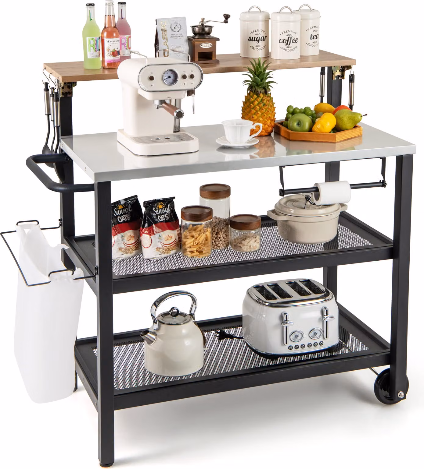 COSTWAY, carrello per barbecue con 4 ripiani, tavolo da barbecue pieghevole, 6 ganci, portabottiglie e 2 ripiani, carrello di servizio con capacità fino a 230 kg, dimensioni: 116x73x111 cm