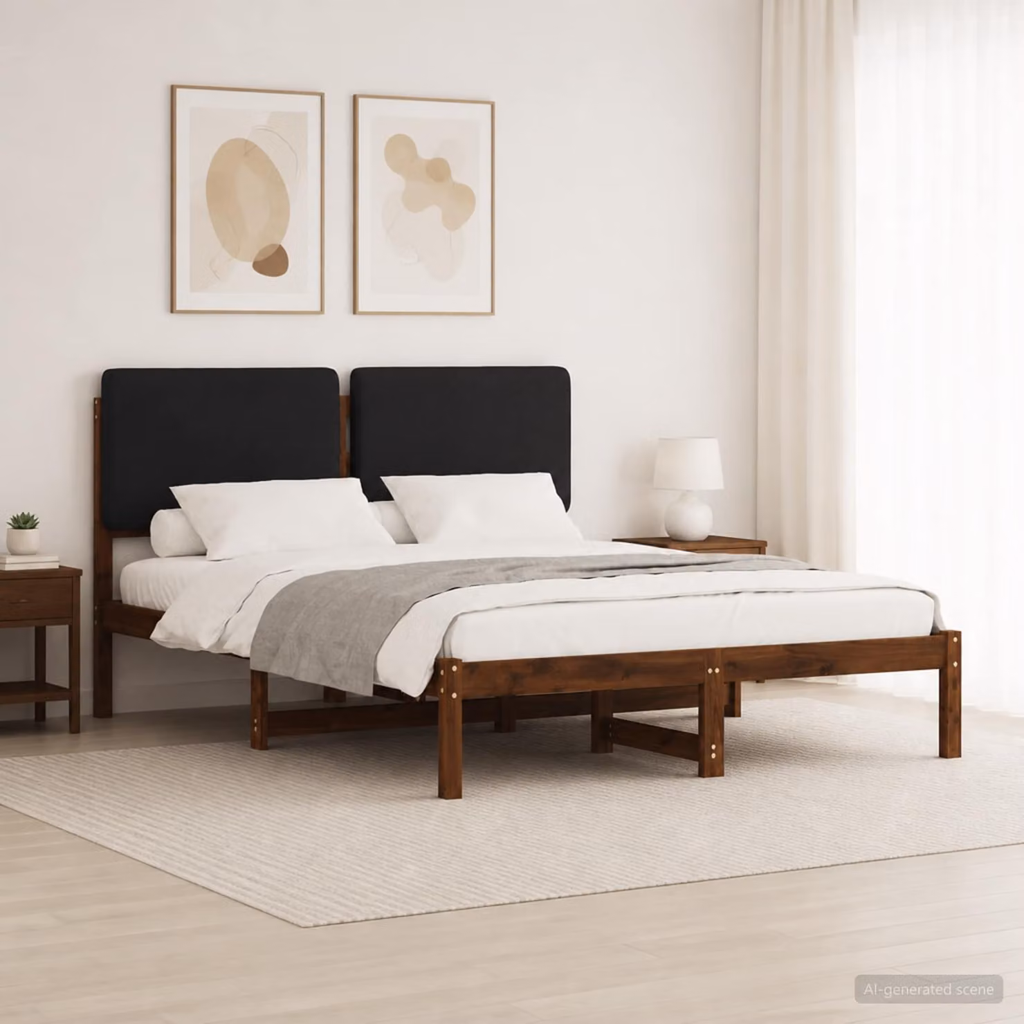 Letto con testiera rivestita vidaXL in legno di acacia, Marrone scuro e Nero, L/P/H: 150 x 200 x 85 cm