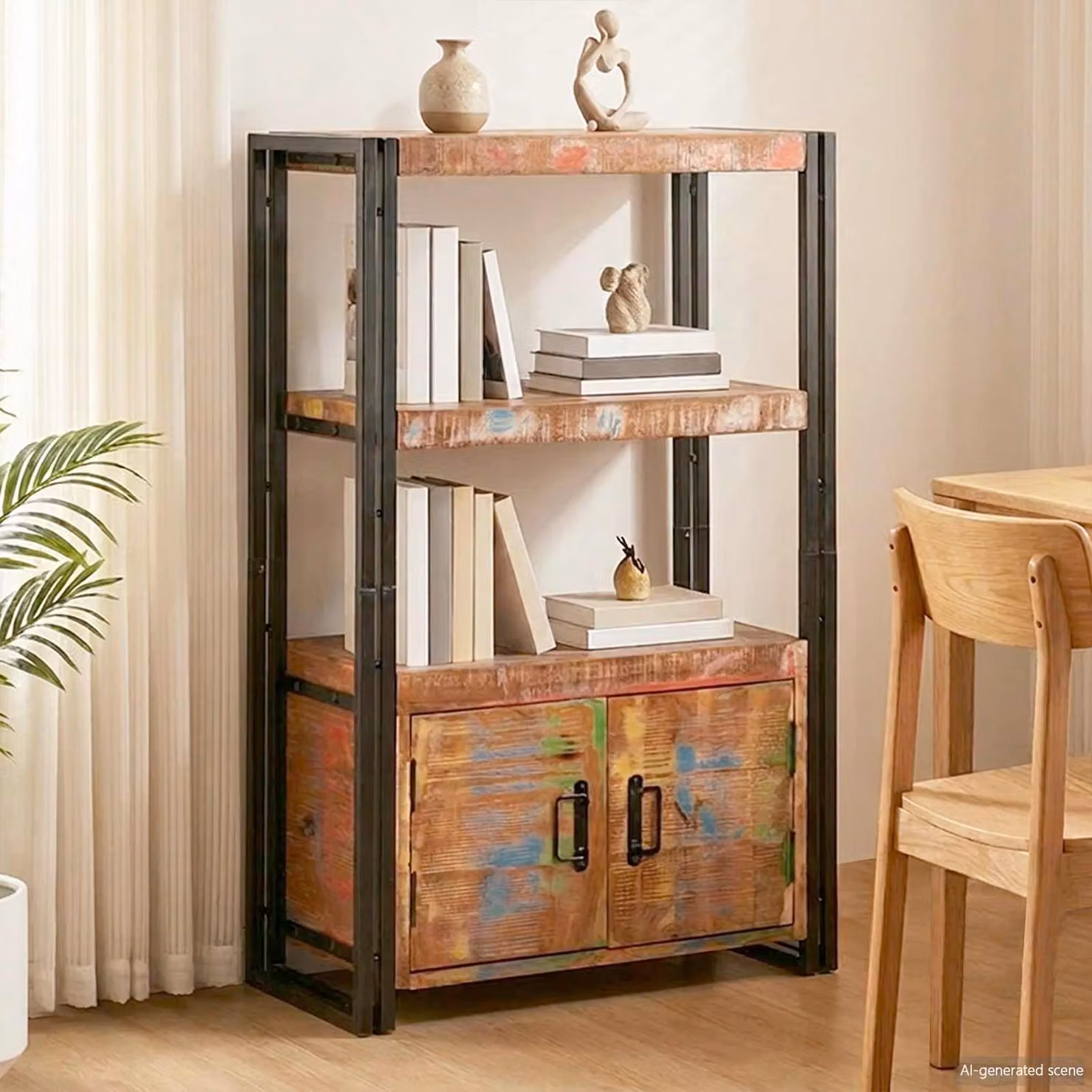 Libreria con Porte vidaXL in Legno Recuperato Massello e Metallo, Marrone e Nero, H: 110 cm, L: 72 cm, P: 33 cm