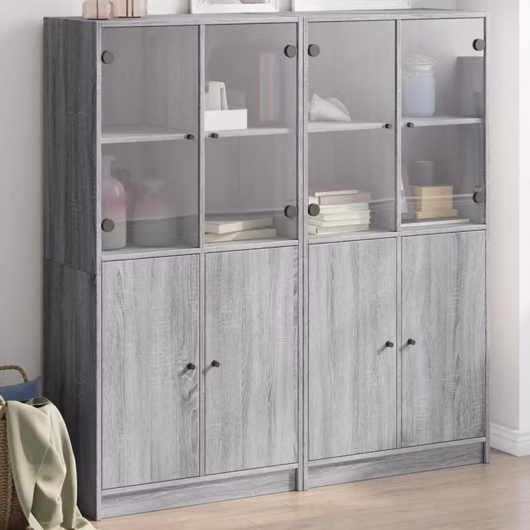 Libreria moderna vidaXL con ante e ripiani in legno multistrato e MDF, colore Grigio, L 136 cm x P 37 cm x H 142 cm