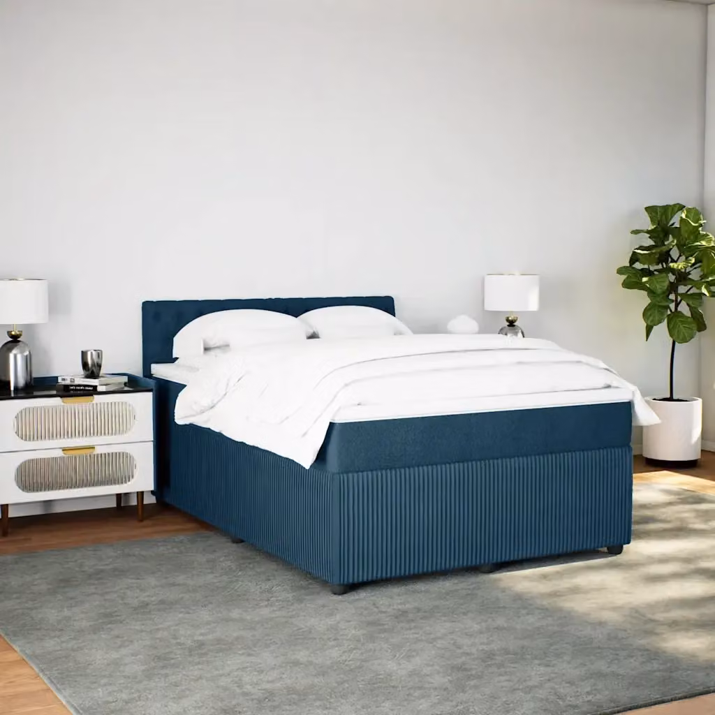 Letto Ibrido vidaXL con Giroletto a Molle e Materasso in Velluto Blu e Bianco L/P: 140 x 200 cm – 2