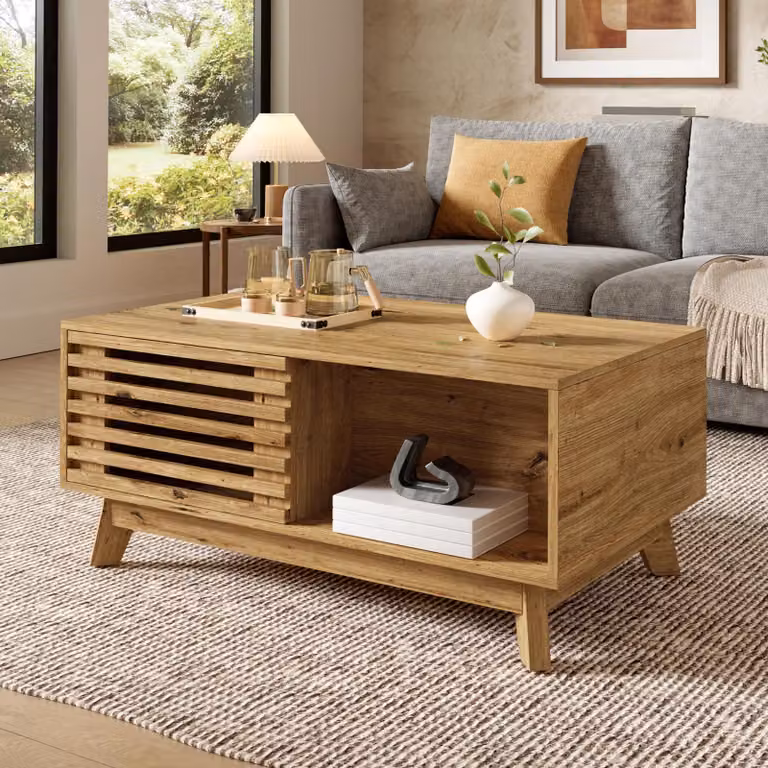 okwish: Tavolino moderno con sportello a persiana e piano regolabile in altezza, tavolino da divano con vani aperti, design naturale