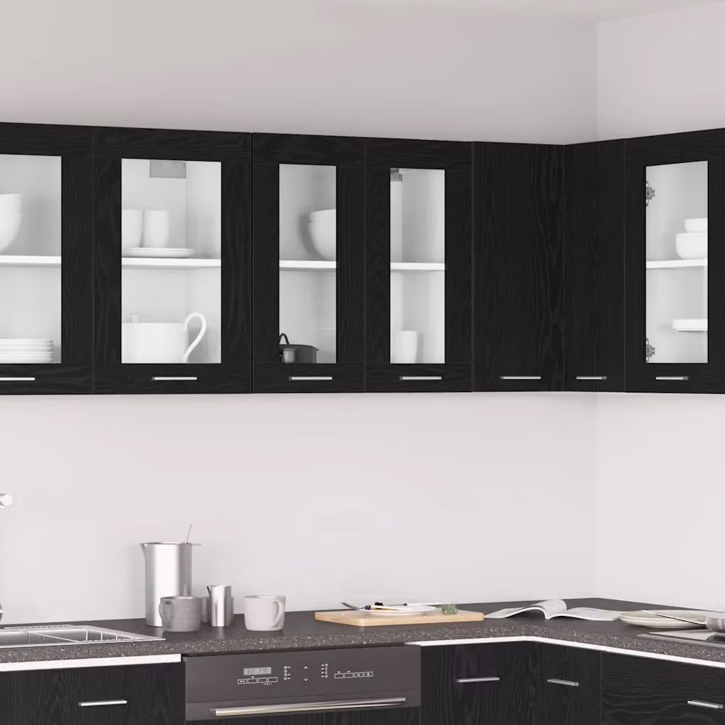 Armadio pensile da cucina vidaXL in rovere nero con ante in vetro e ripiani interni L 60 cm x P 31 cm x H 60 cm