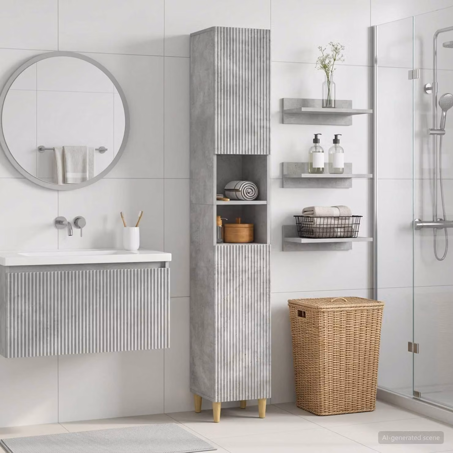 vidaXL Armadio da Bagno ARNHEM Moderno con Ripiano Aperto e Ante a Battente, Grigio, H: 190 cm, L: 31 cm, P: 23,9 cm