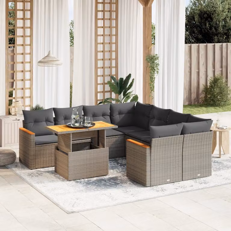 vidaXL Set Divano da Giardino a L 9 pz con Cuscini Grigio in Polyrattan e Acciaio