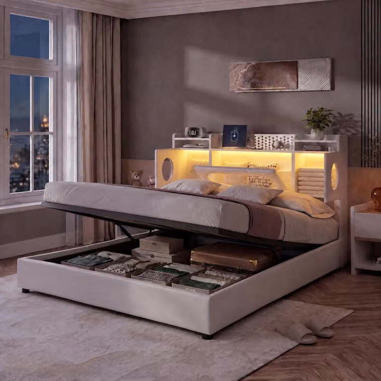 INONEFT Letto contenitore con molle insacchettate, 140x200 cm, con LED e porta USB, letto imbottito con cassettiera, funzione di ricarica, struttura per letto matrimoniale con rete a doghe, rivestito in PU, colore bianco