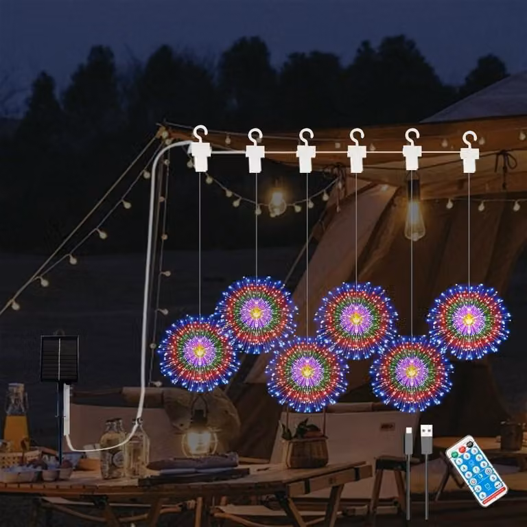 6 luci decorative solari a forma di fuochi d'artificio, 8 modalità di illuminazione, con telecomando, alimentazione USB, impermeabili, multicolore